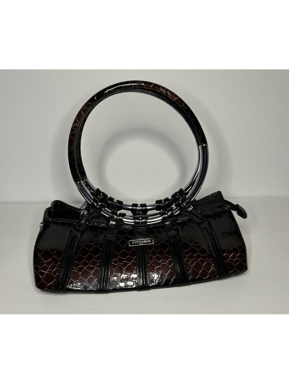 Vittorio Women's Top Handle Bag, Brown/Black Animal Print Patent, Zip Silver